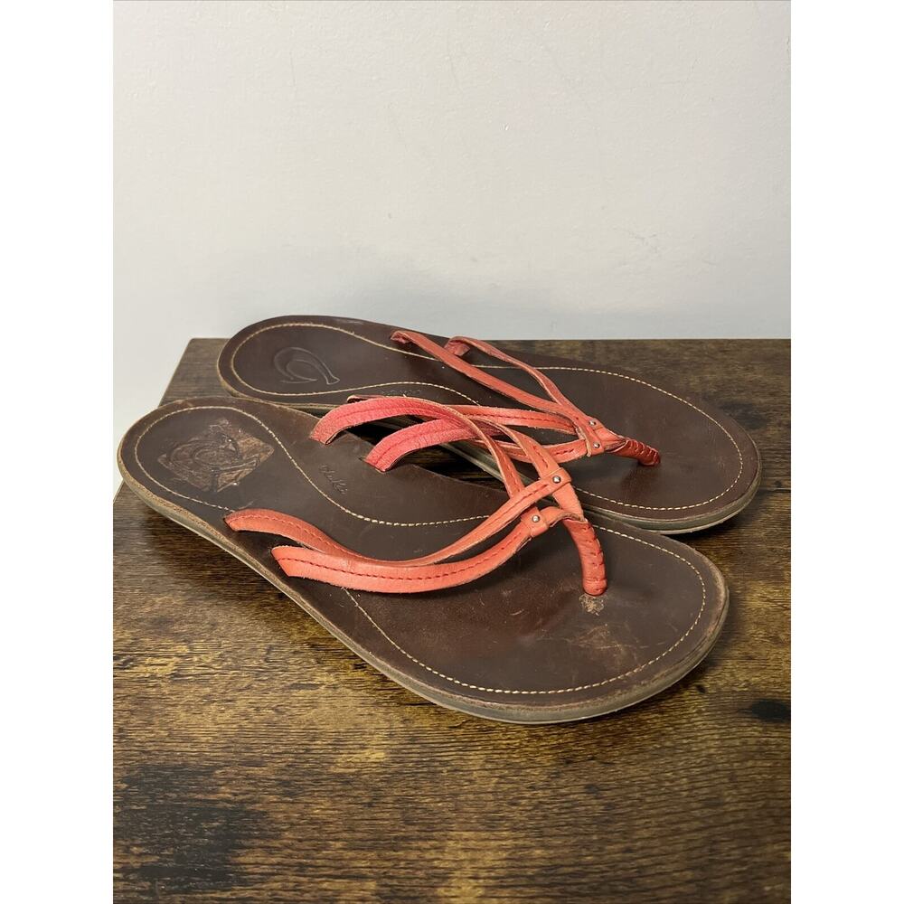 OluKai U'i Womens Leather Thong Sandals Sz 9 20245 Red/Brown Flip Flops Strappy